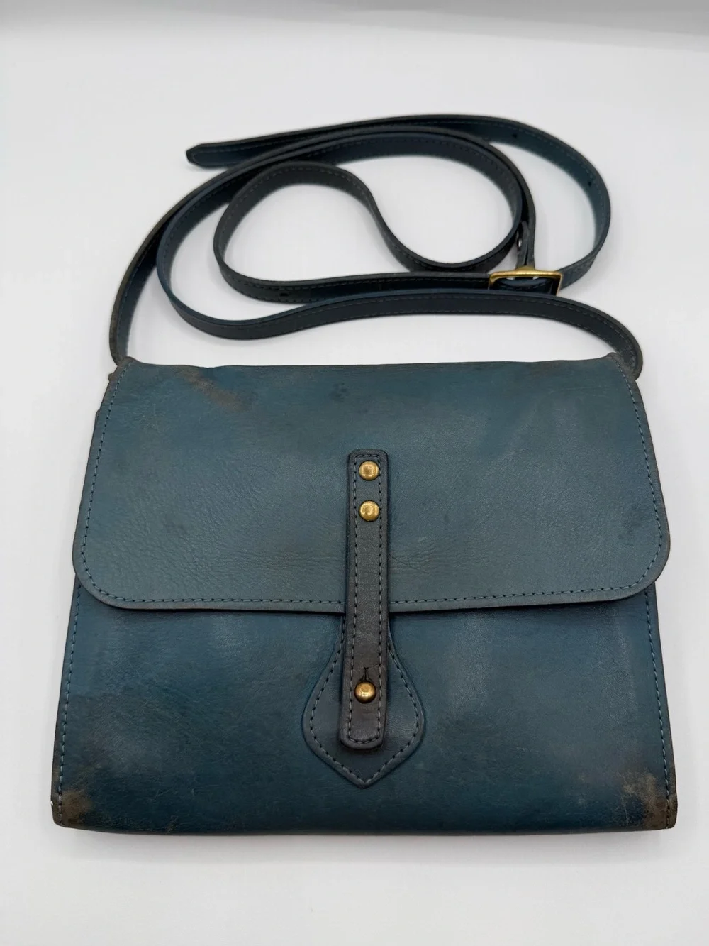 RARE Vintage J.W. Hulme Co. USA Teal/Slate Blue Leather Flap Crossbody Bag
